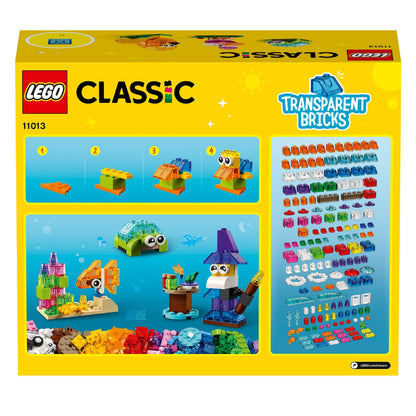 LEGO® Classic Creative Transparent Bricks Set 11013 with colorful models and transparent bricks for kids' imaginative play.