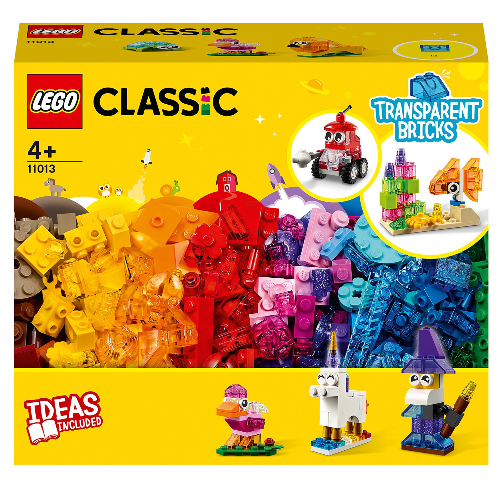 LEGO® Classic Creative Transparent Bricks Set 11013 featuring colorful transparent bricks and model ideas for kids.