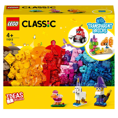 LEGO® Classic Creative Transparent Bricks Set 11013 featuring colorful transparent bricks and model ideas for kids.
