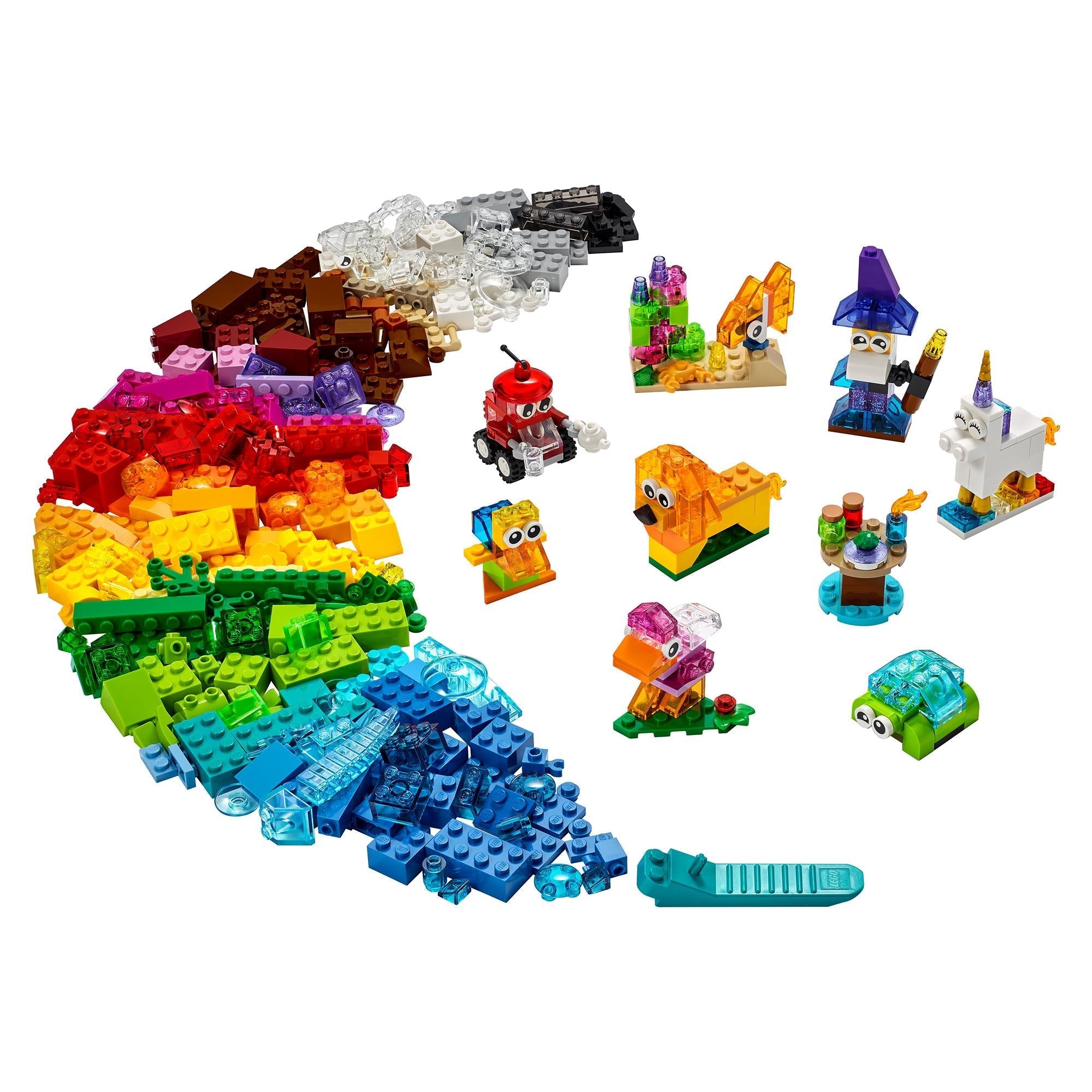 LEGO® Classic Creative Transparent Bricks Set 11013, featuring colorful bricks and fun models for kids' creativity.