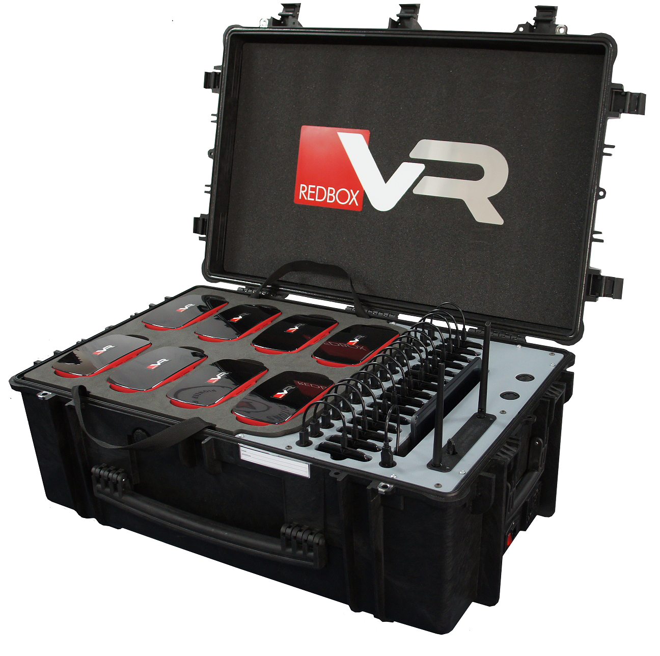 RedboxVR Classroom VR/AR kit in a sturdy case, featuring student devices, teacher device, charging station, and VR viewers.