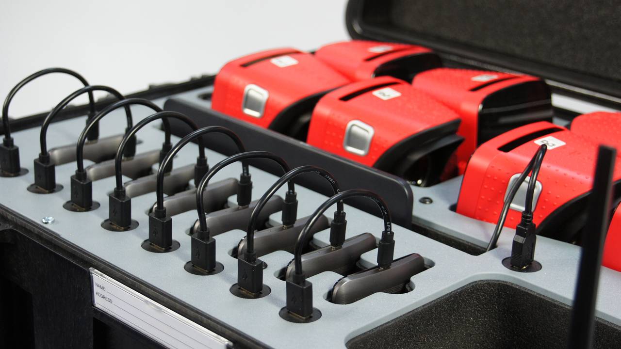 RedboxVR Classroom VR/AR kit with charging slots for student devices and VR viewers in organized case.