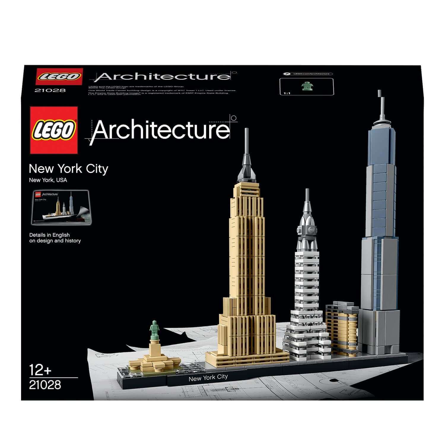 LEGO Architecture New York City set 21028 featuring iconic skyscrapers like Empire State and One World Trade Center.