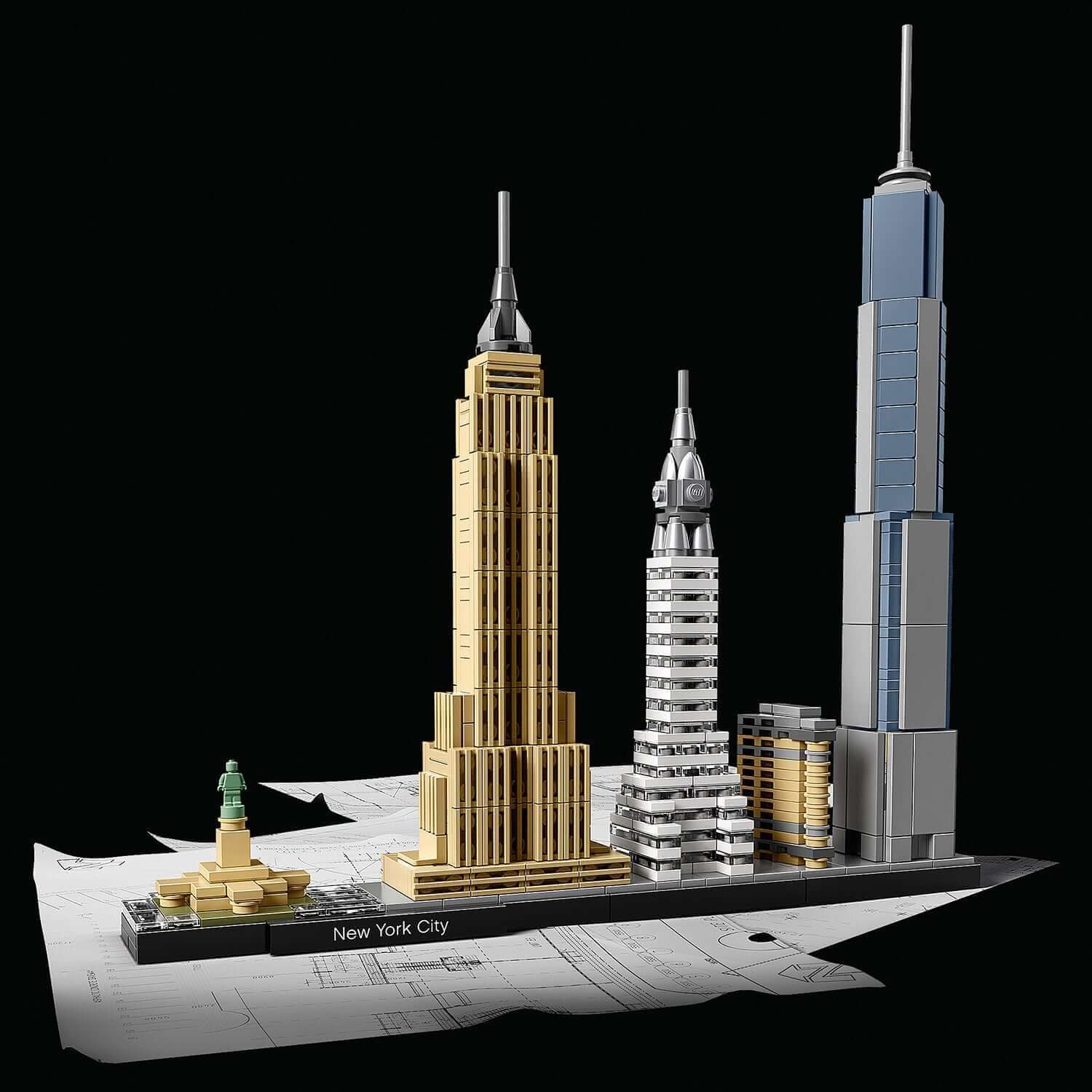 LEGO Architecture New York City skyline set featuring Empire State, Chrysler, and One World Trade Center models.