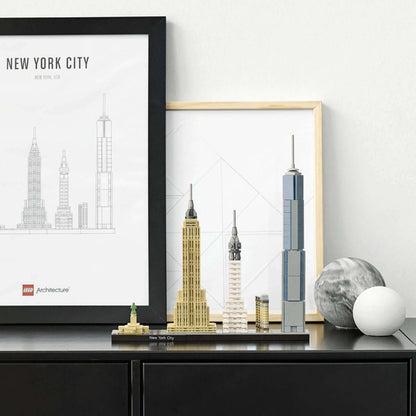 LEGO Architecture New York City skyline set featuring iconic buildings on display with framed art.