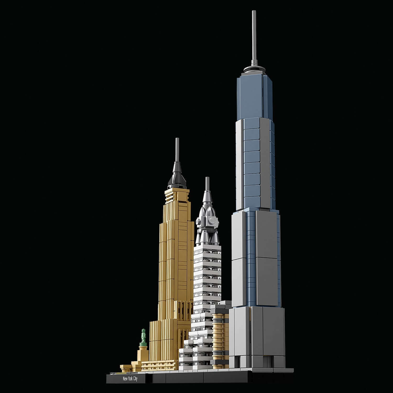 LEGO Architecture New York City set showcasing iconic landmarks: Empire State Building, Chrysler Building, and One World Trade Center.