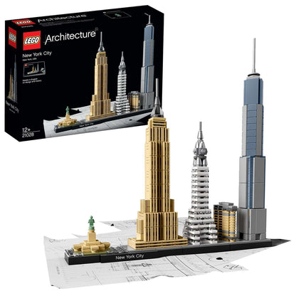 LEGO Architecture New York City Building Set 21028 showcasing iconic skyline models including Empire State and Statue of Liberty.