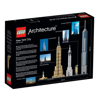 LEGO Architecture New York City set 21028 featuring iconic buildings like Empire State and One World Trade Center.