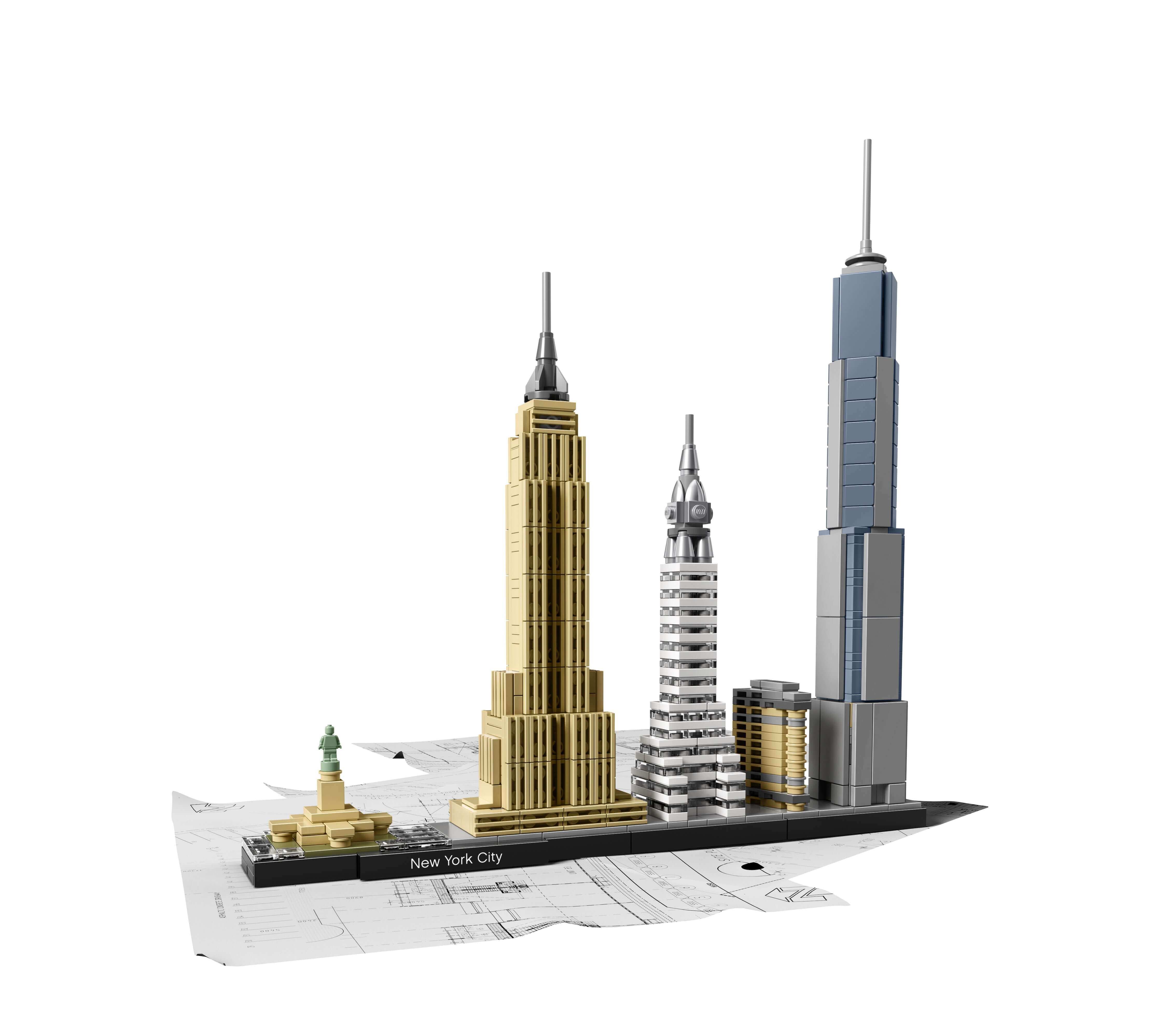 LEGO Architecture New York City set featuring Empire State, Chrysler, and One World Trade Center models on a base.