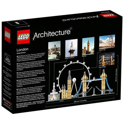 LEGO Architecture London Building Set 21034 box featuring iconic landmarks like Big Ben and Tower Bridge.