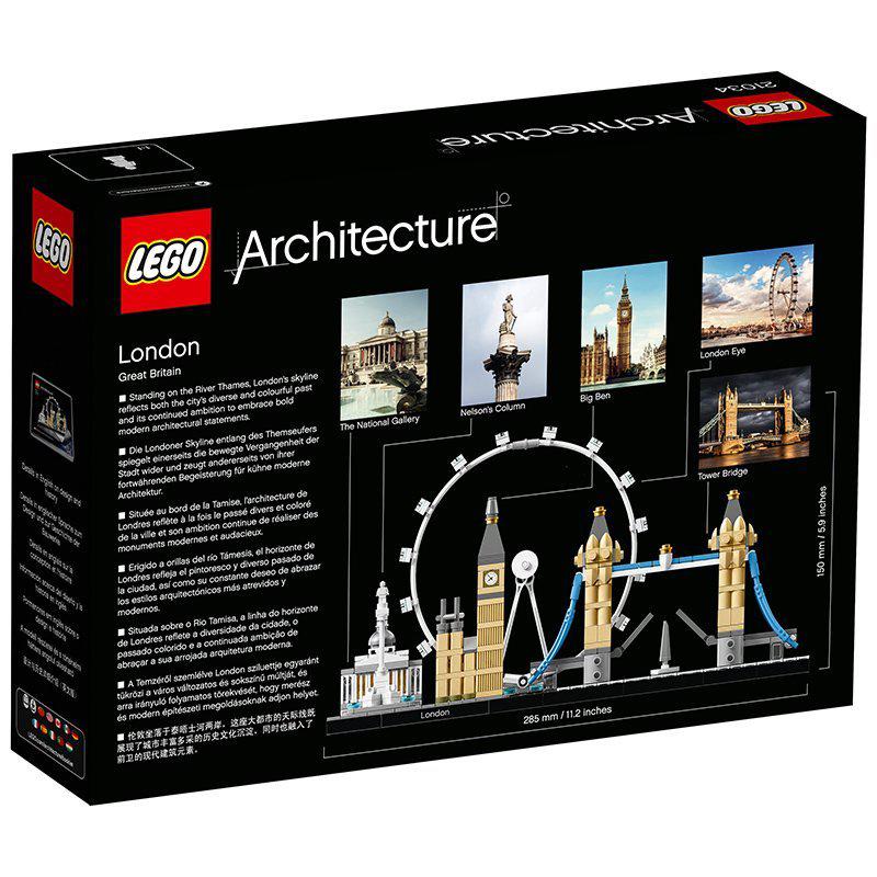 LEGO Architecture London Building Set 21034 box featuring iconic landmarks like Big Ben and Tower Bridge.