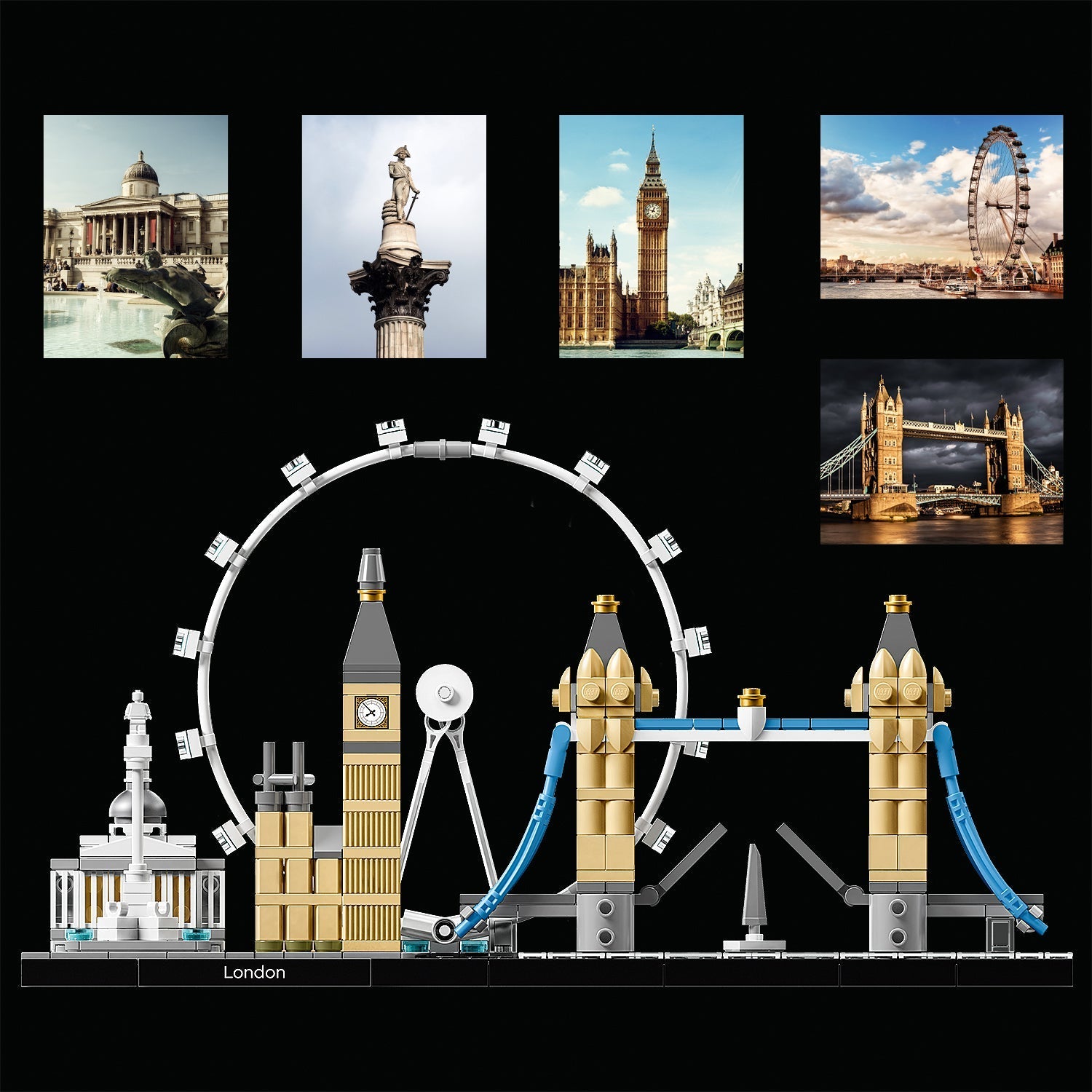 LEGO Architecture London set 21034 featuring National Gallery, Big Ben, London Eye, Tower Bridge, and Nelson's Column.