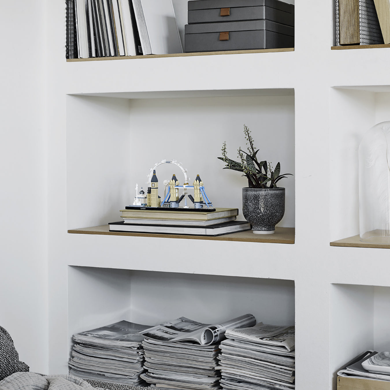 LEGO Architecture London skyline model displayed on a shelf with books and a plant, featuring iconic landmarks.