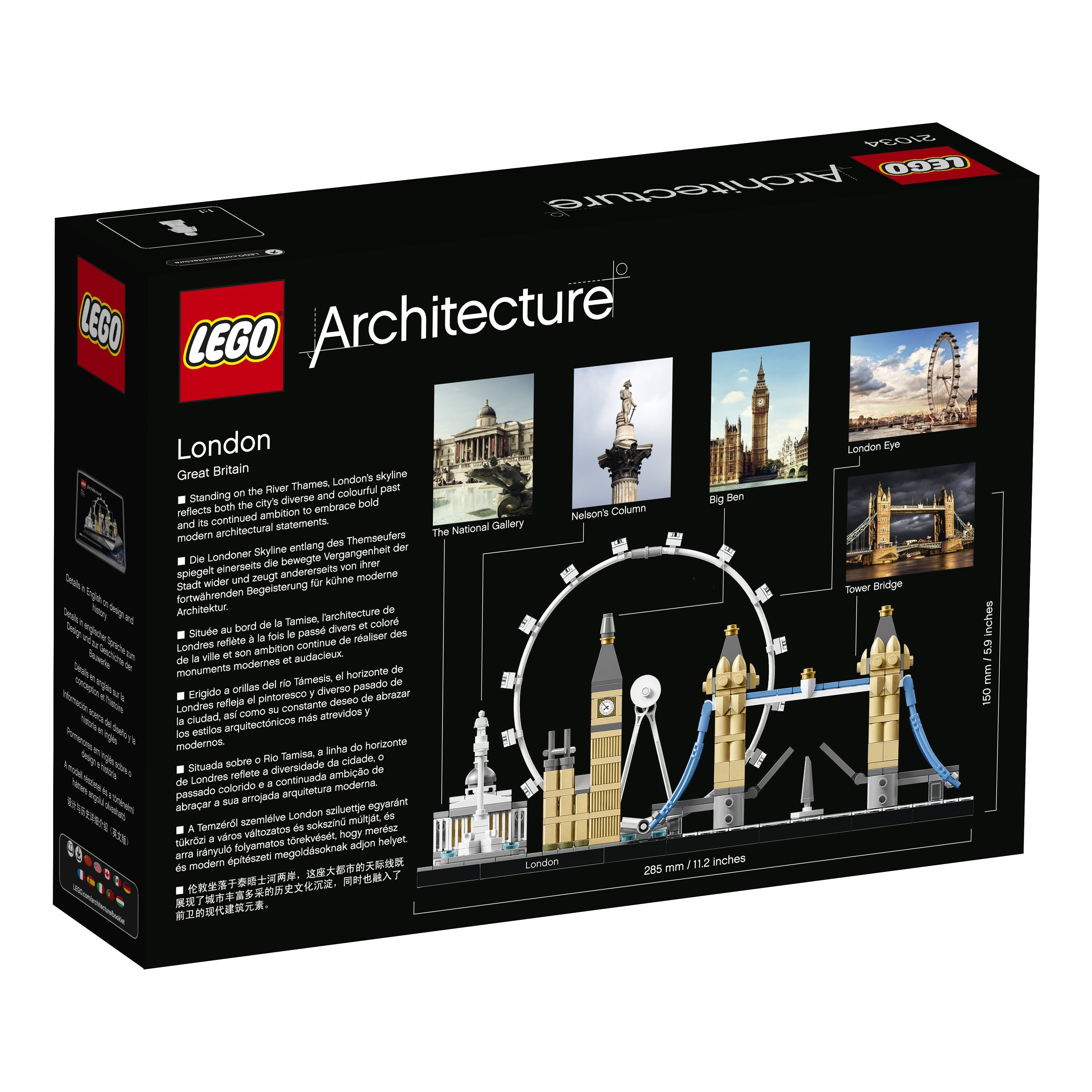 LEGO Architecture London Building Set 21034 box showcasing iconic London skyline: National Gallery, Big Ben, London Eye.