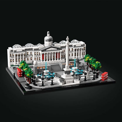 LEGO Architecture Trafalgar Square Set 21045, detailed model of London's iconic landmark with trees and buses.