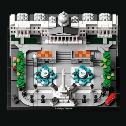LEGO® Architecture Trafalgar Square Set 21045 depicting the iconic London landmark with detailed fountains and greenery.