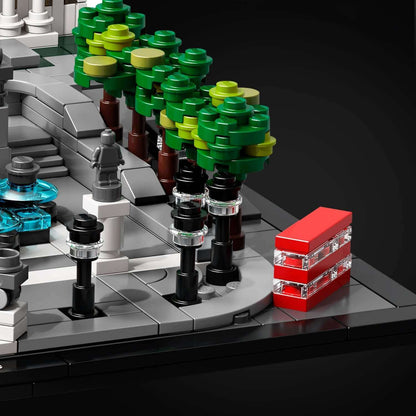 Detailed view of LEGO® Architecture Trafalgar Square Set 21045 with trees, fountains, and iconic London elements.