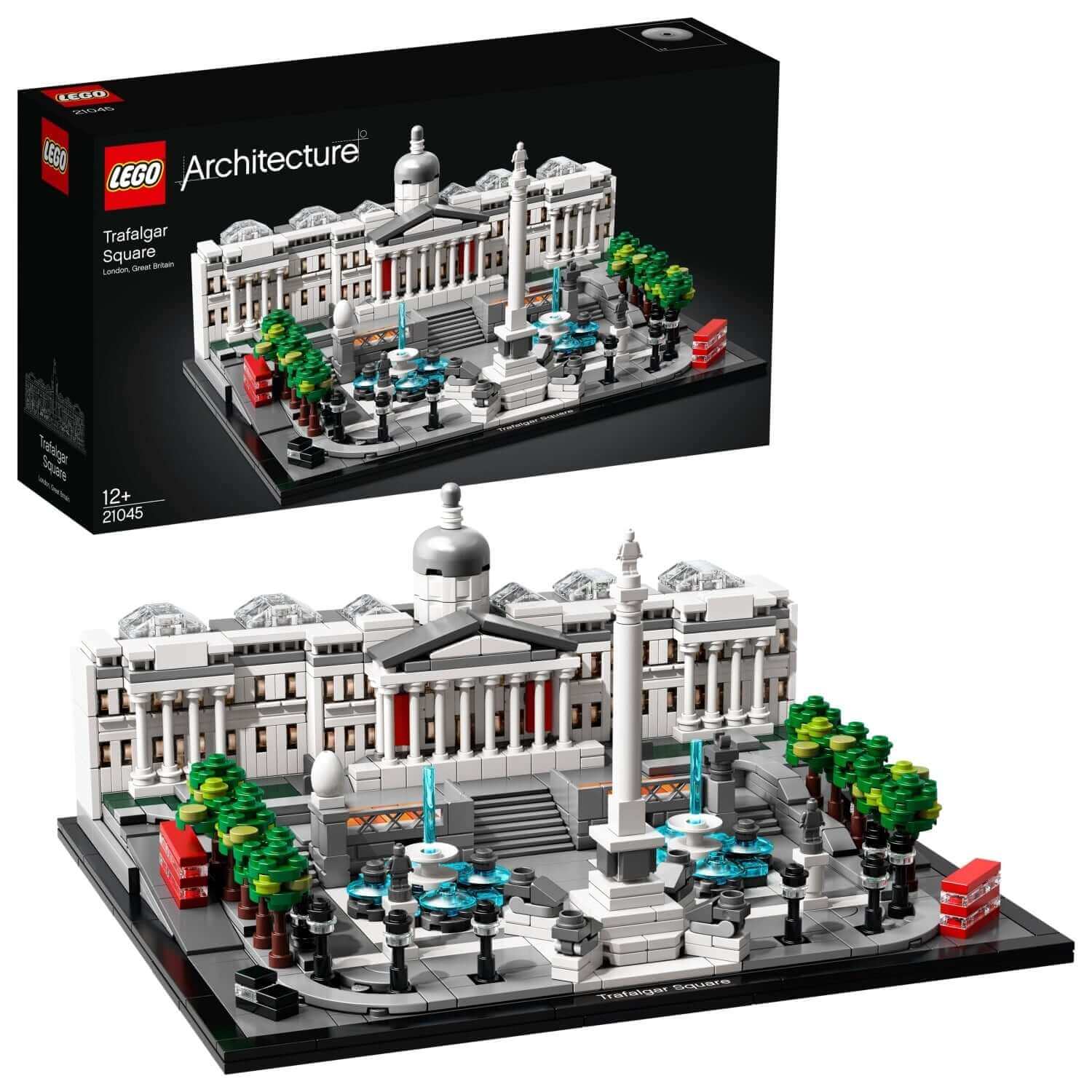 LEGO Architecture 21045 Trafalgar Square set featuring detailed model with key historical landmarks.