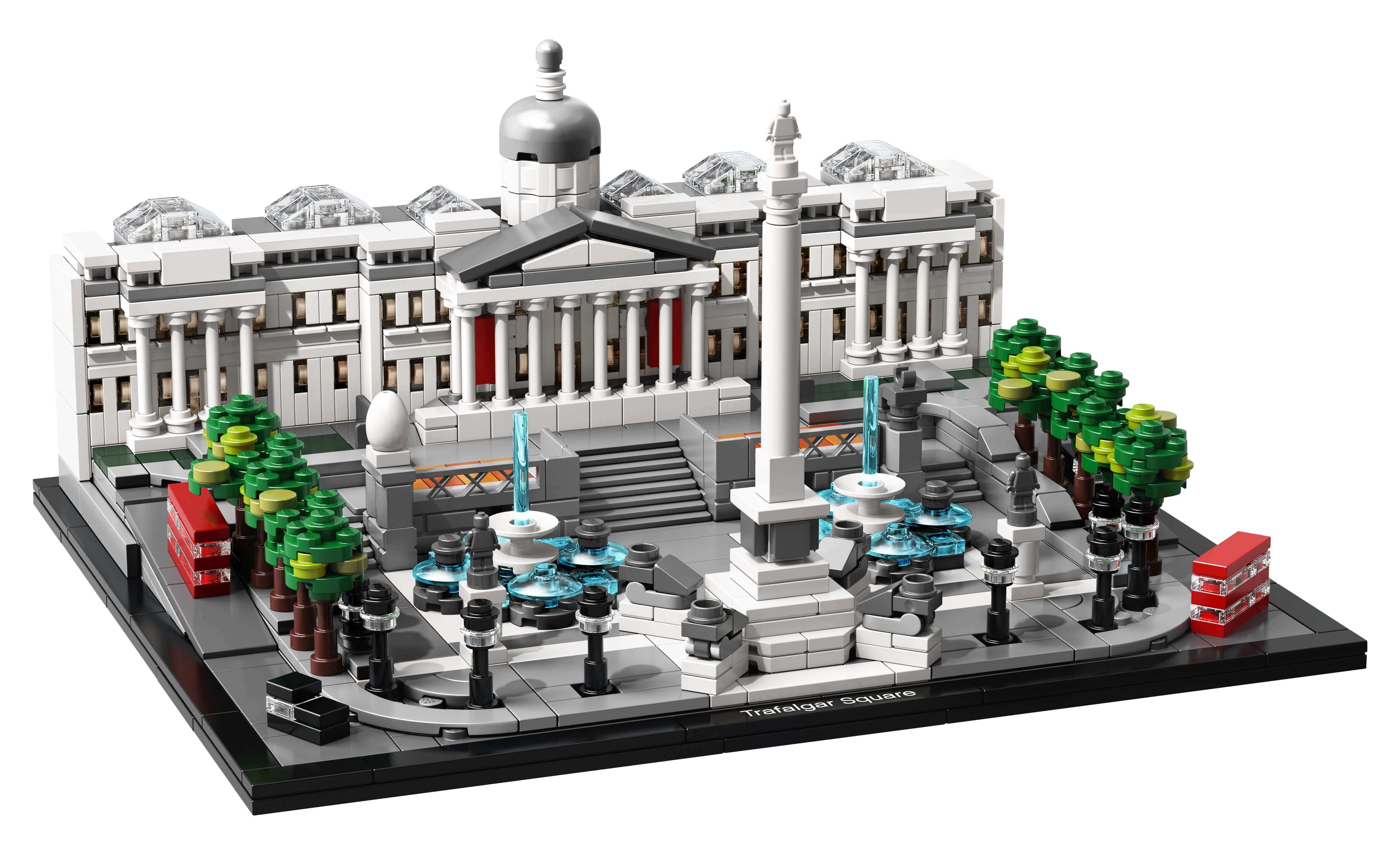 LEGO® Architecture Trafalgar Square Set 21045 model featuring iconic London landmark with fountains and greenery.