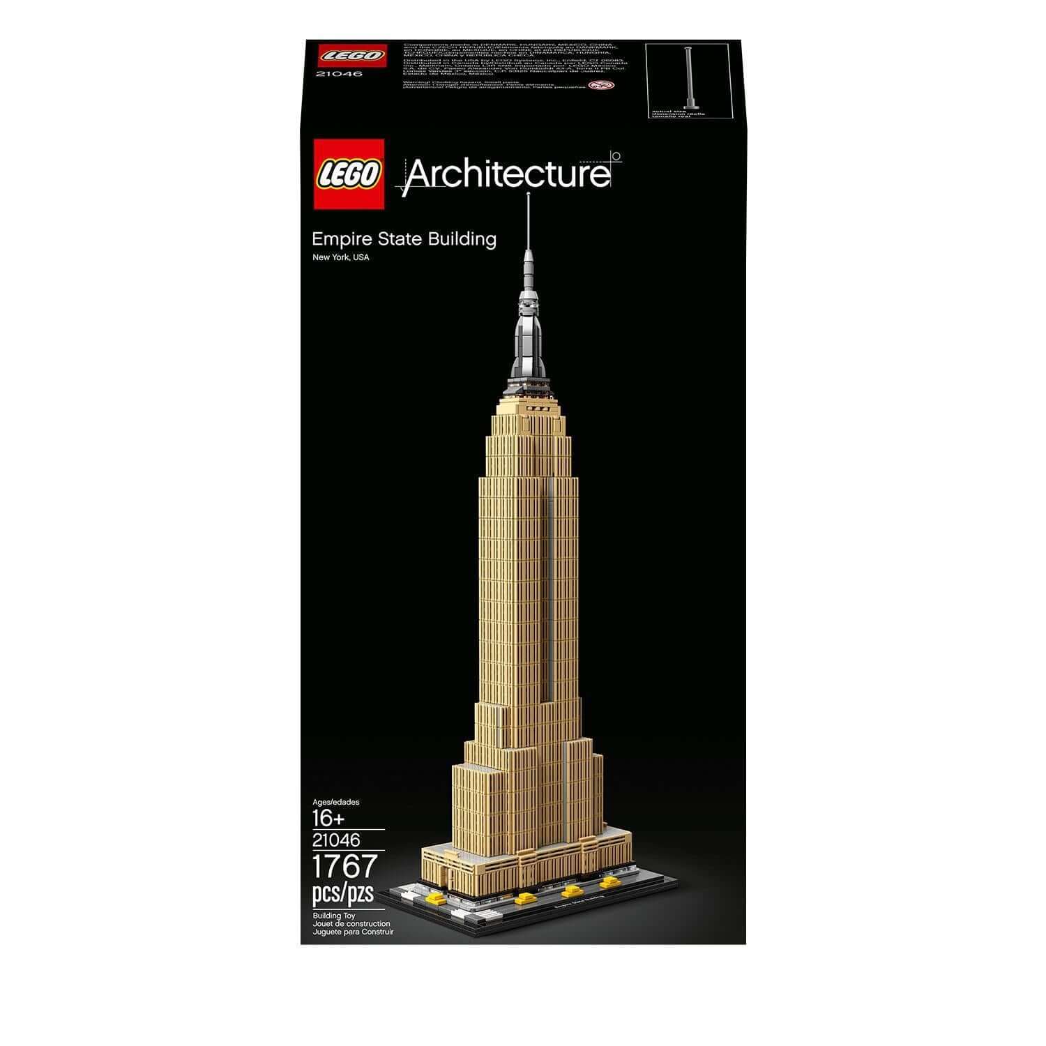 LEGO Architecture set 21046 Empire State Building model, showcasing iconic NYC skyscraper design with 1,767 pieces.