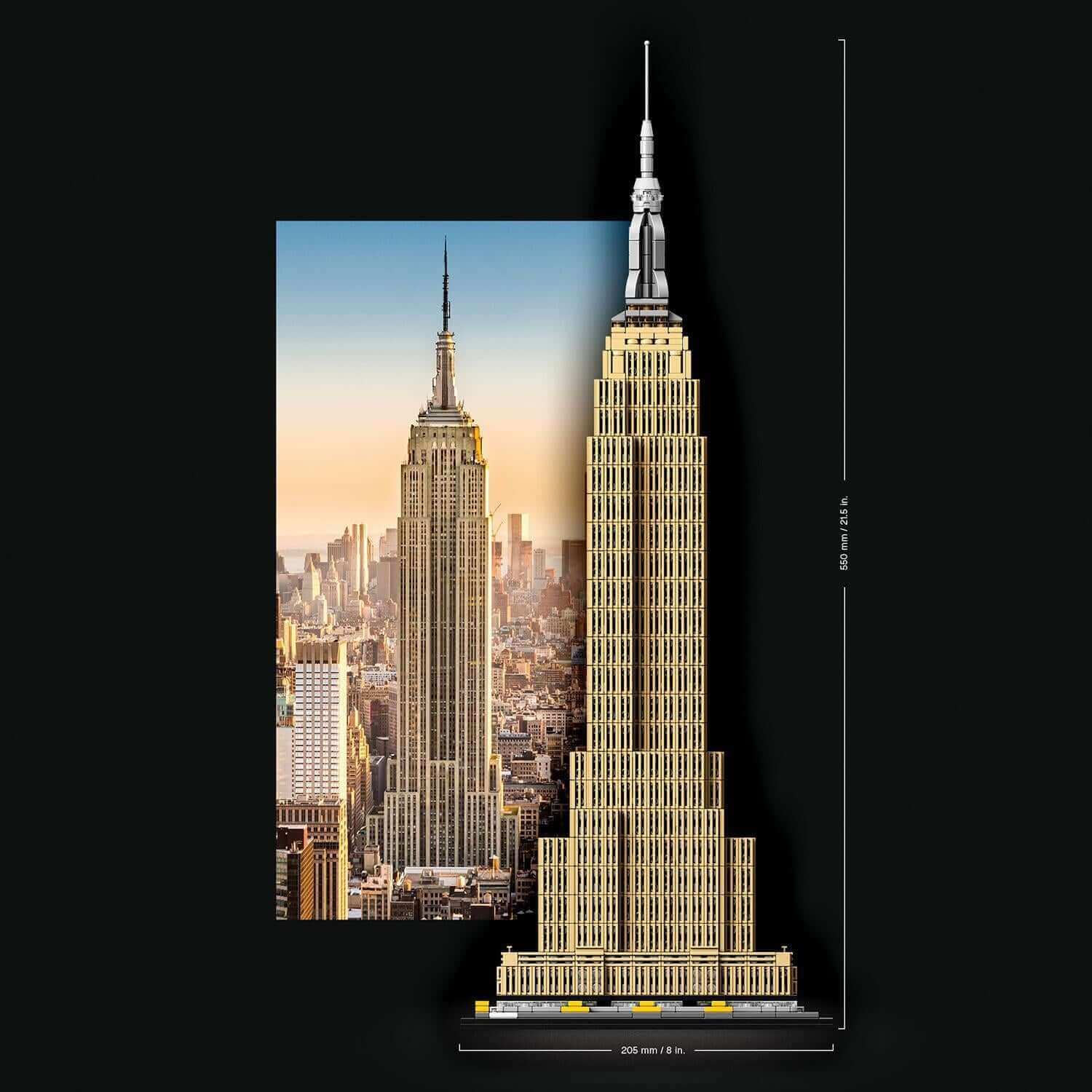 LEGO® Architecture Empire State Building Set 21046 alongside the real building, showcasing iconic NYC design.