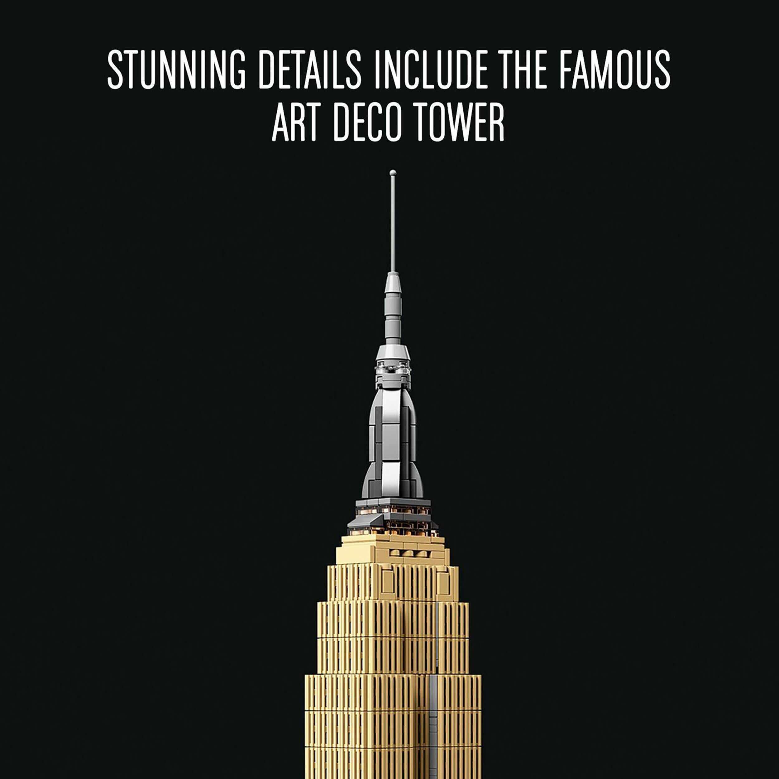 Close-up of LEGO® Architecture Empire State Building set, highlighting the iconic Art Deco tower details.