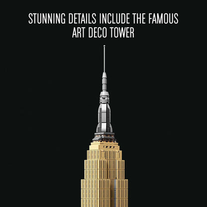Close-up of LEGO® Architecture Empire State Building set, highlighting the iconic Art Deco tower details.