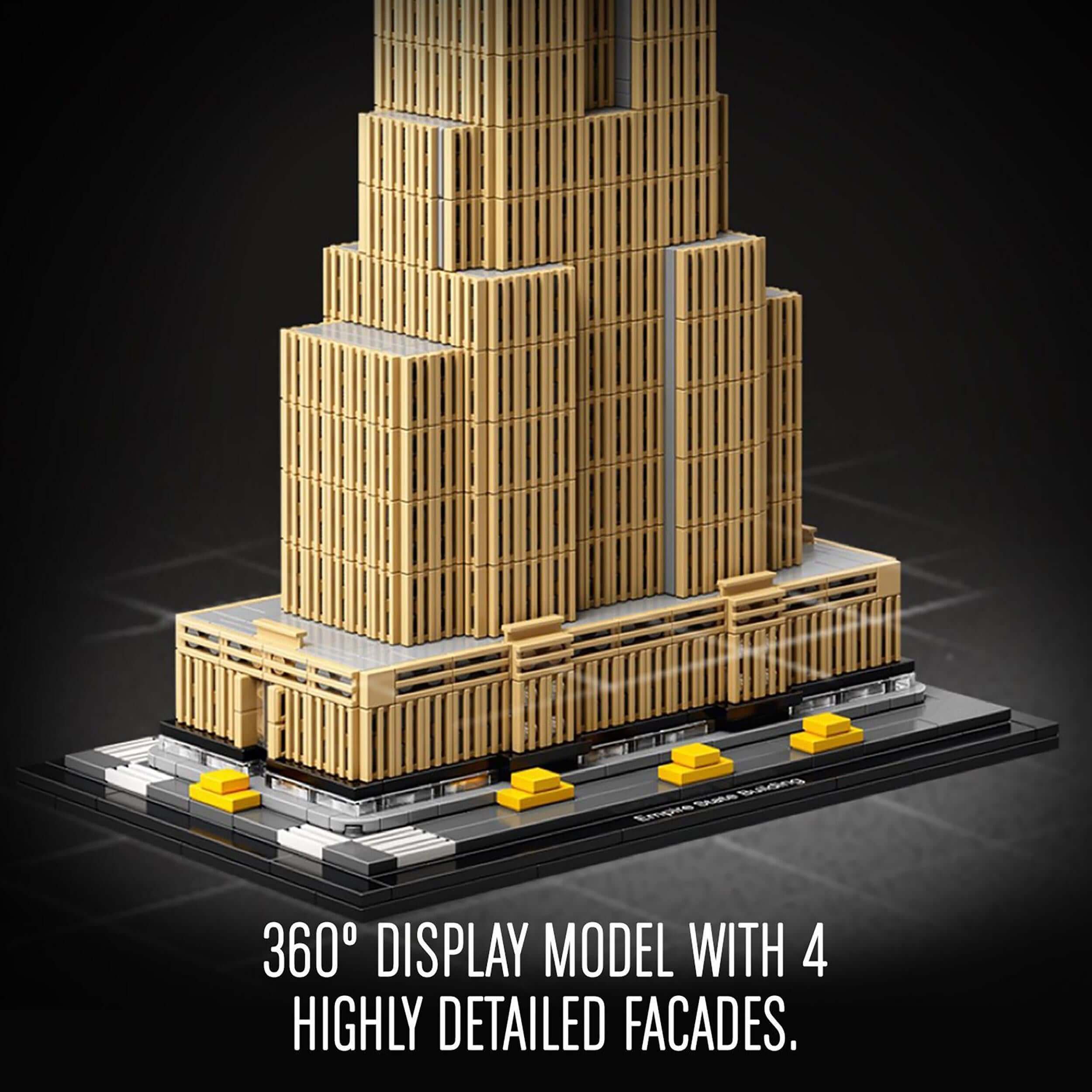 Detailed LEGO® Architecture model of the Empire State Building with 360° display and intricate facades.