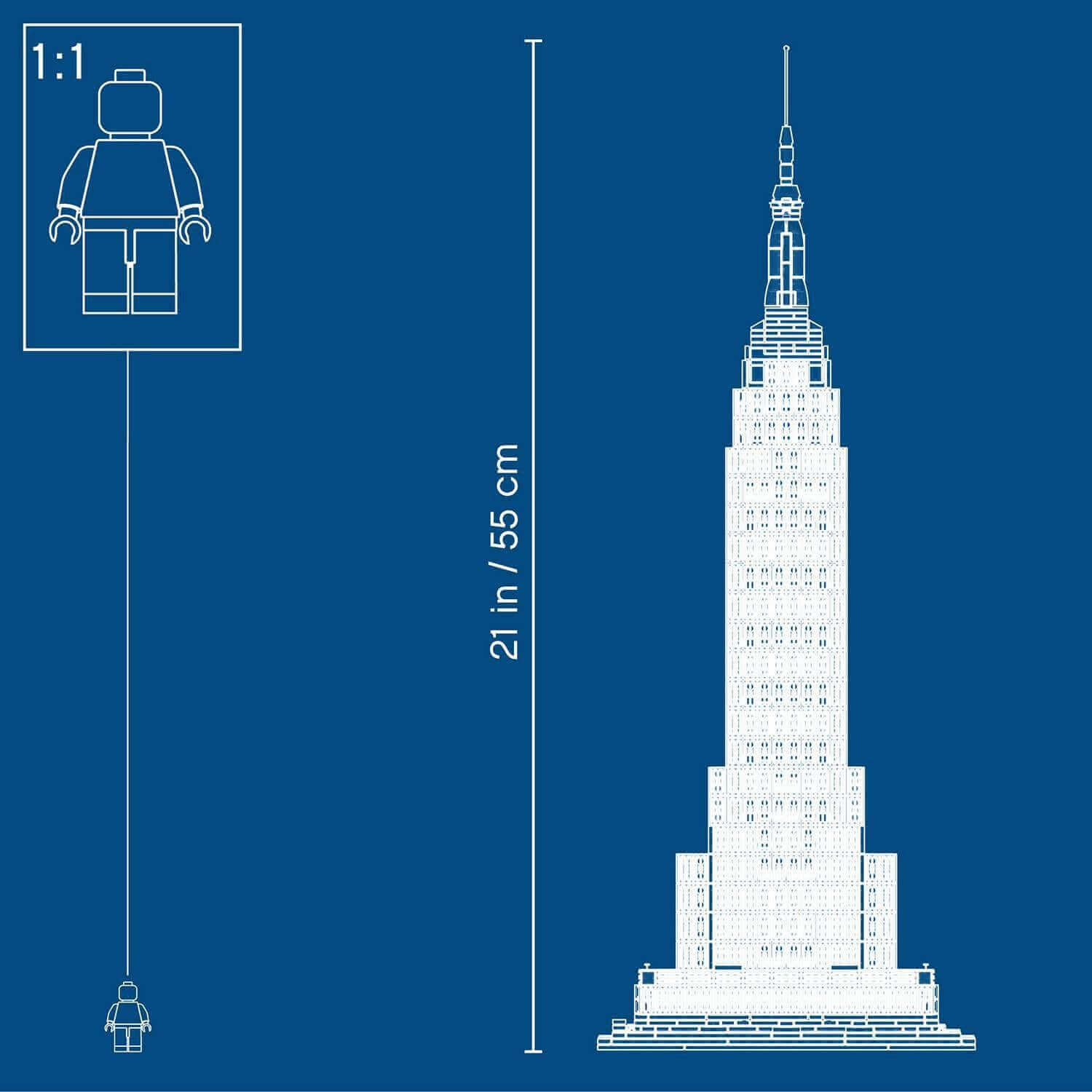 LEGO® Architecture Empire State Building Set 21046 blueprint, showcasing its 21-inch height and detailed structure.