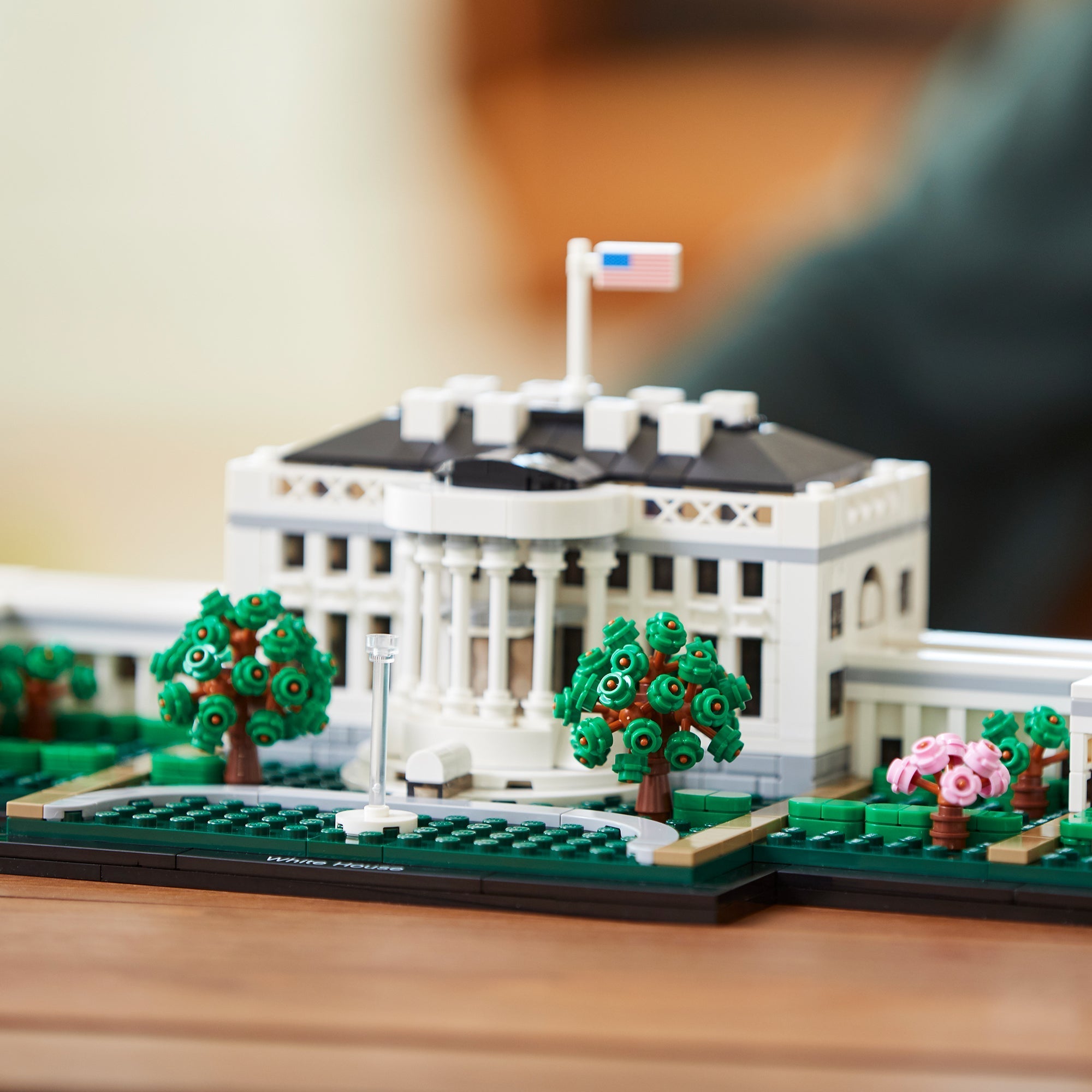 LEGO® Architecture The White House Building Set 21054 displayed with green trees and flag in detail.