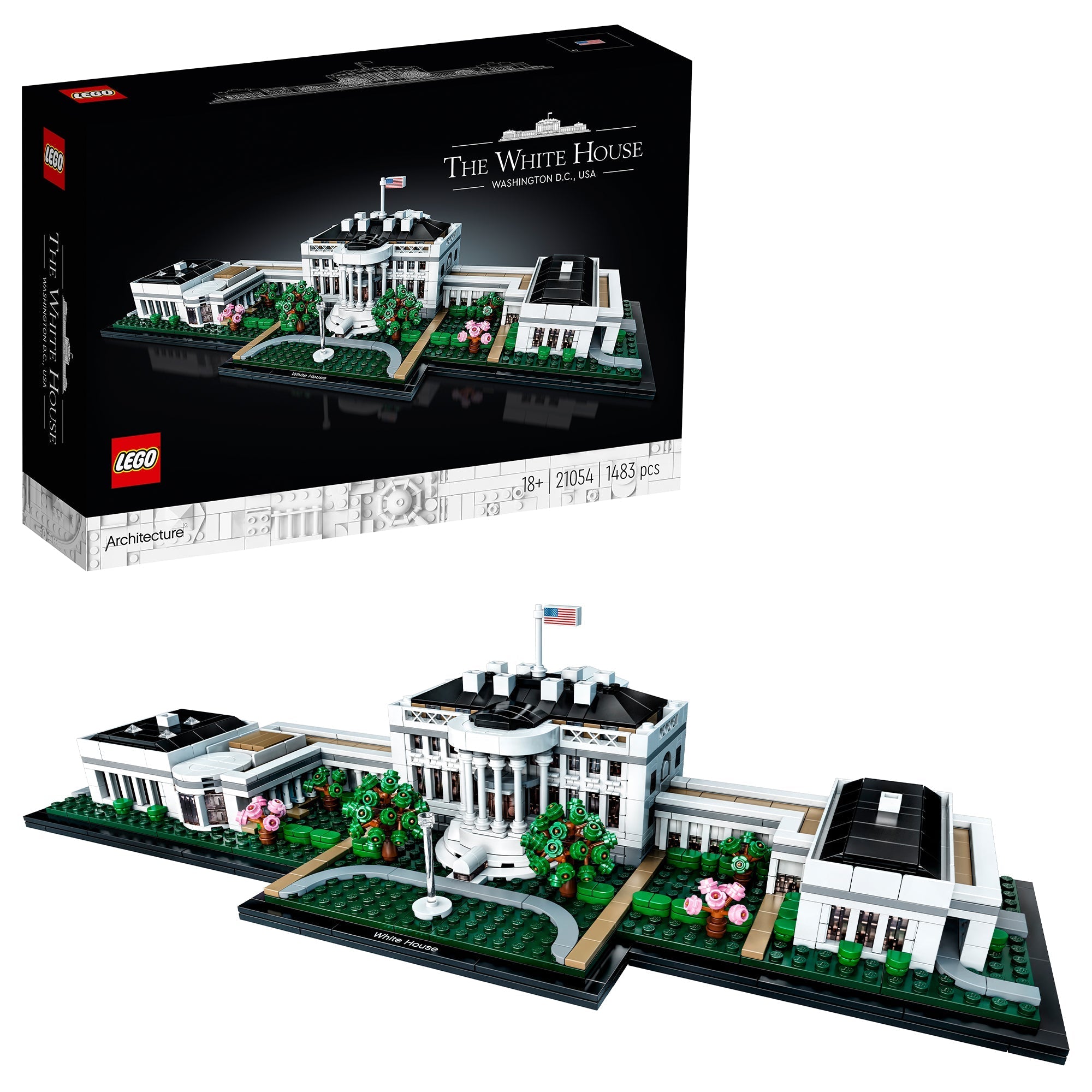 LEGO Architecture The White House Building Set 21054, featuring detailed replica of The White House in a stylish box.