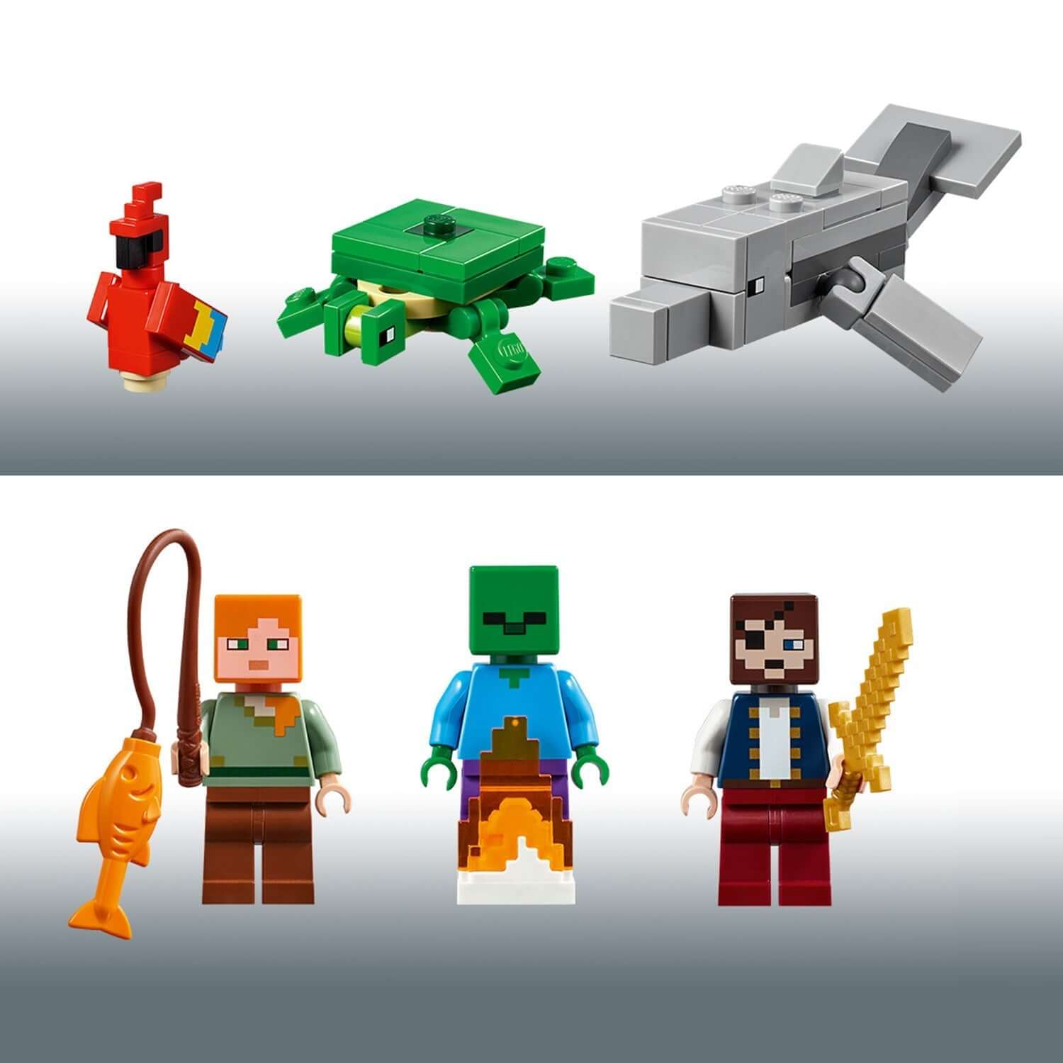 LEGO Minecraft Pirate Ship Adventure figures: pirate, zombie, turtle, fish, and treasure in vibrant colors.