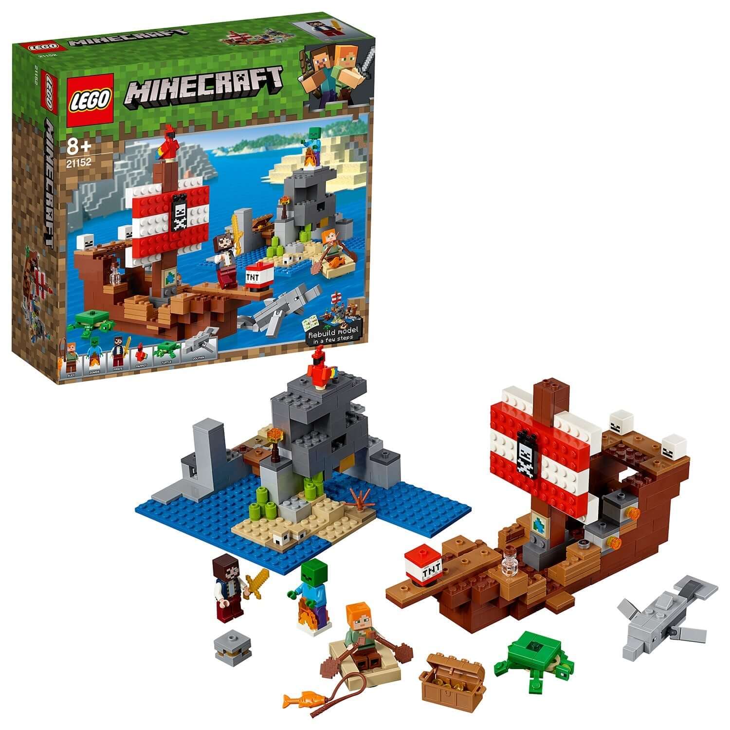 LEGO Minecraft The Pirate Ship Adventure Toy 21152 with pirate ship, characters, and accessories for ages 8 and up.