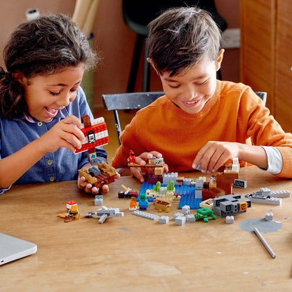 Children playing with LEGO® Minecraft The Pirate Ship Adventure set 21152, building and exploring together.
