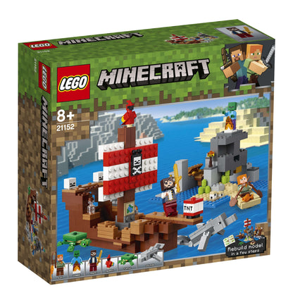 LEGO® Minecraft The Pirate Ship Adventure Toy 21152 showcasing a pirate ship, characters, and island adventure in a colorful box.