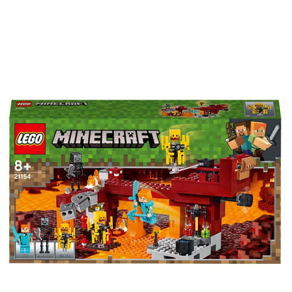 LEGO Minecraft The Blaze Bridge Building Set 21154, featuring characters, bridge, lava, and mobs for exciting play.