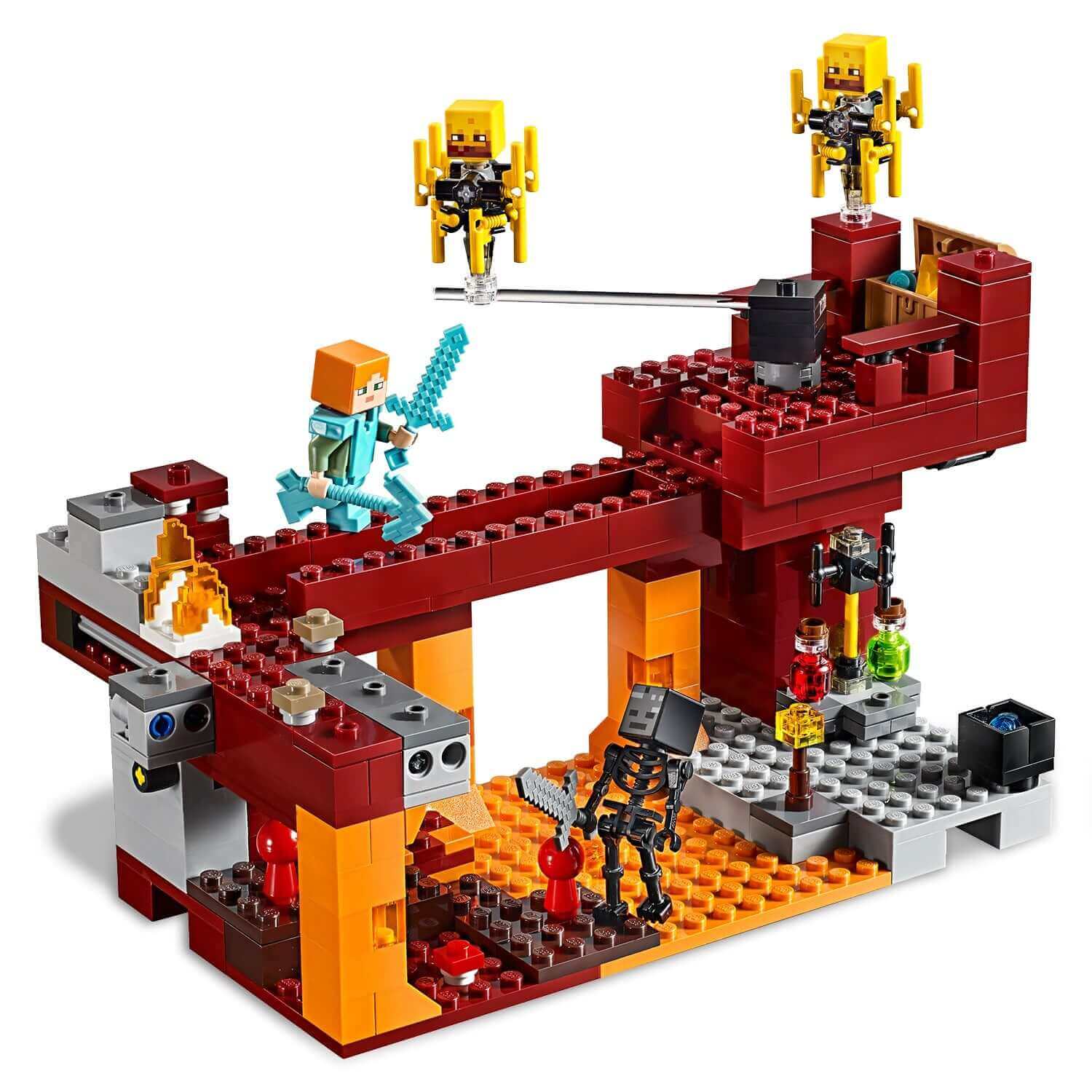 LEGO Minecraft The Blaze Bridge Building Set 21154 with fiery Nether scene, bridge, mobs, and unique items.
