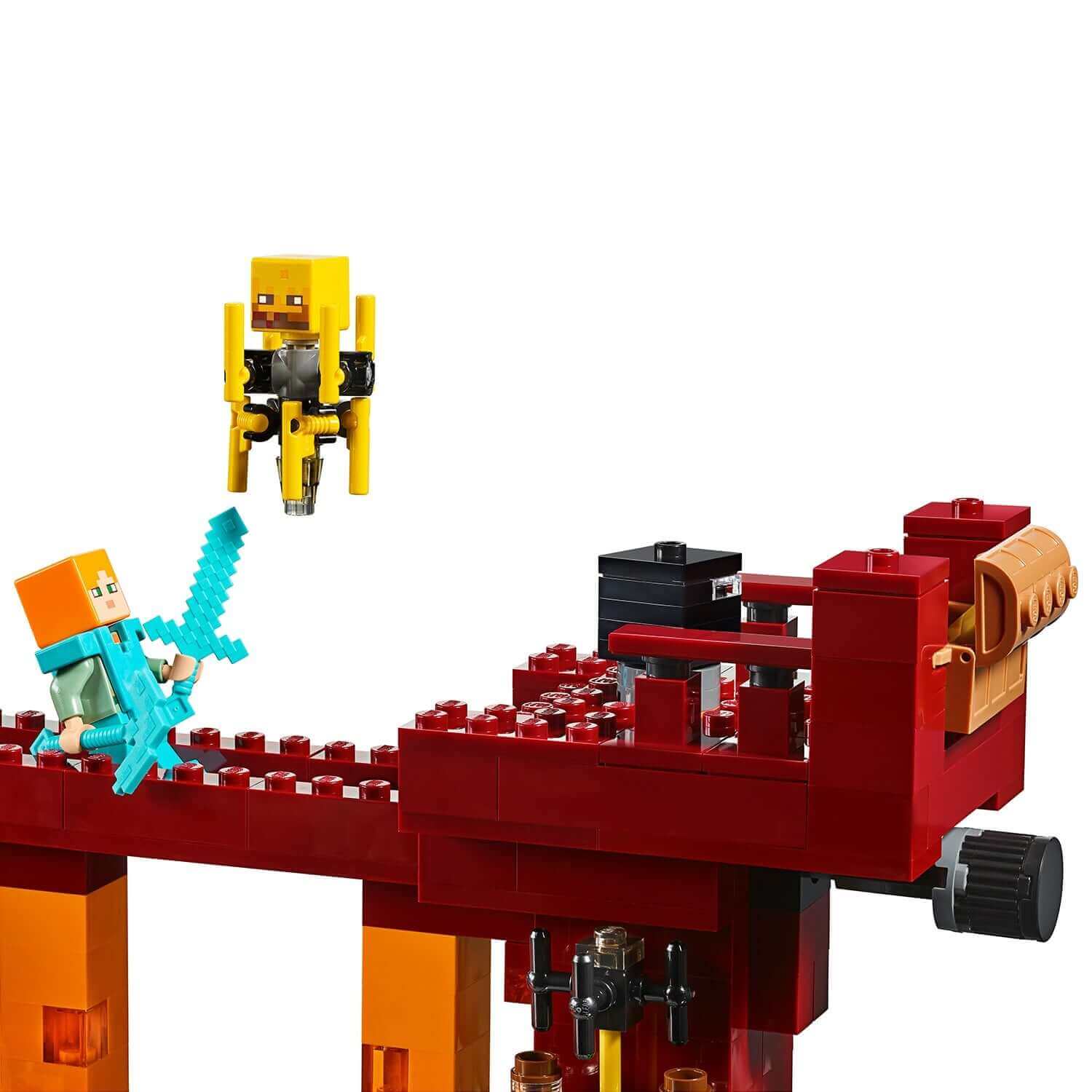 LEGO Minecraft Blaze Bridge set with character battling a blaze mob on a fiery bridge over lava.
