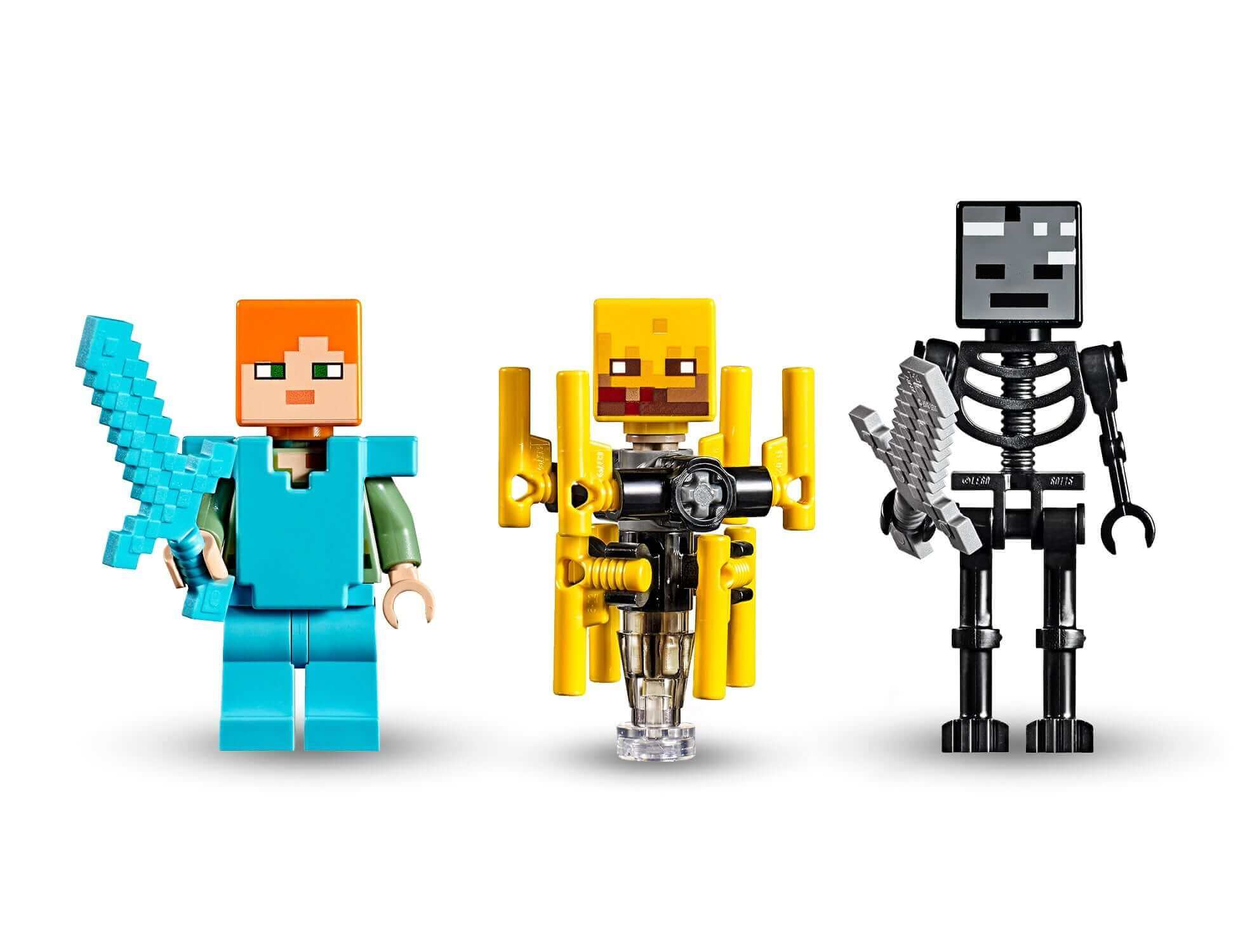LEGO Minecraft figures featuring Steve, Blaze, and Wither Skeleton from The Blaze Bridge Building Set 21154.
