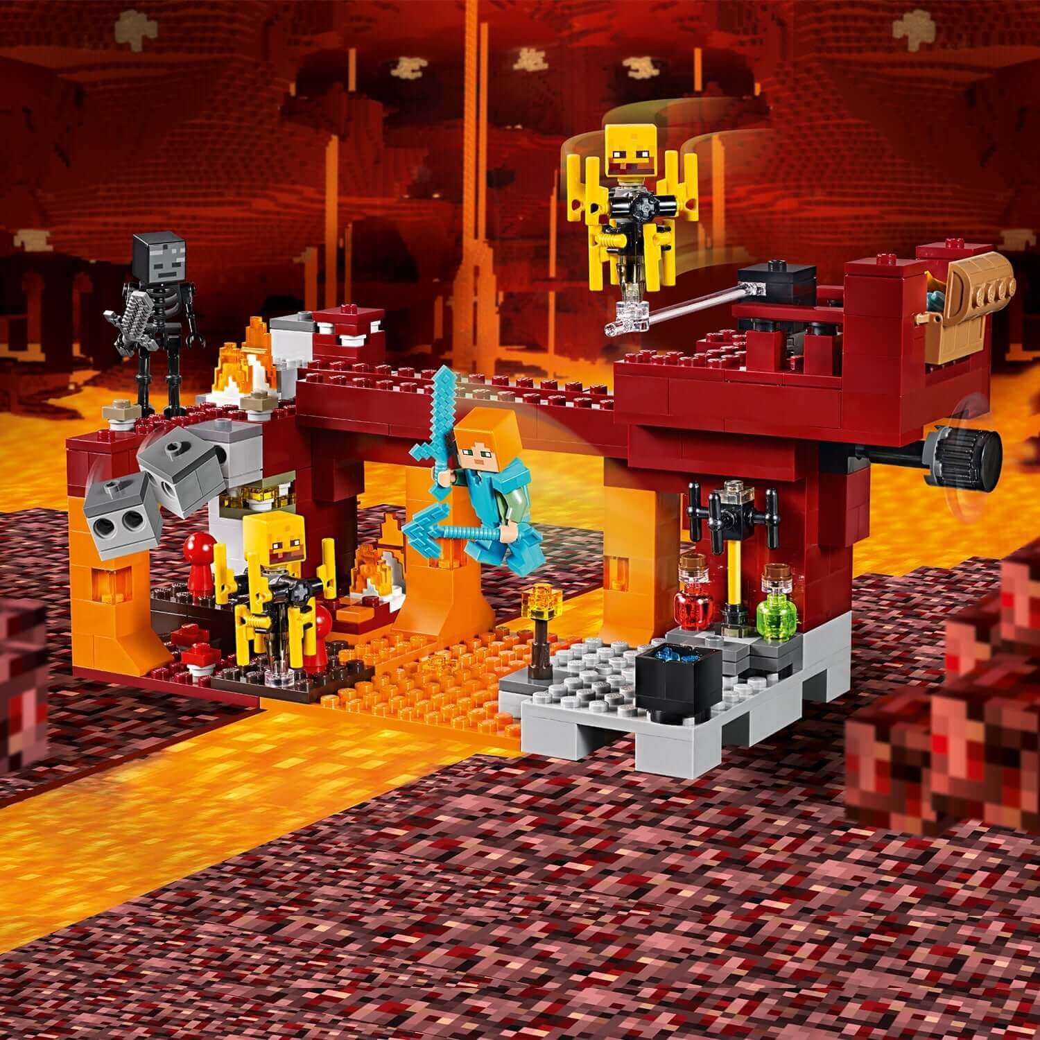 LEGO Minecraft The Blaze Bridge set 21154 featuring fiery Nether landscape with mobs and unique items.