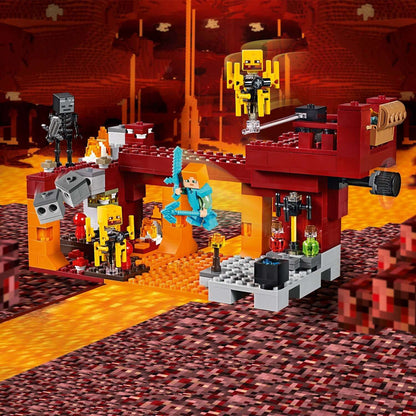 LEGO Minecraft The Blaze Bridge set 21154 featuring fiery Nether landscape with mobs and unique items.