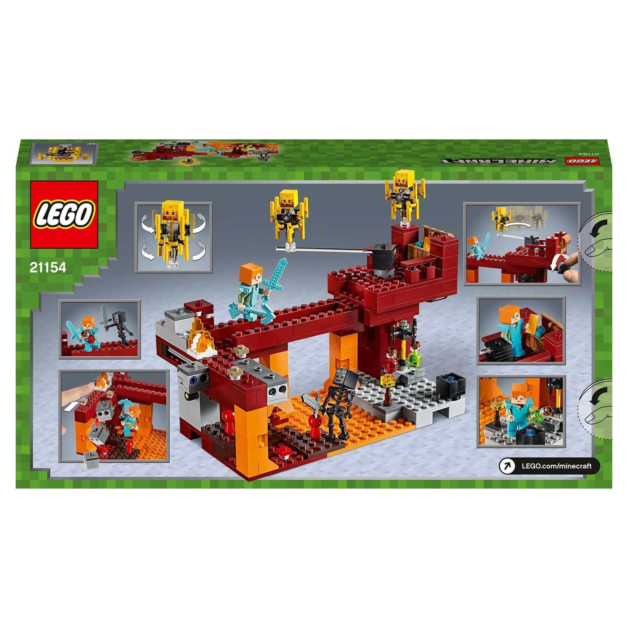 LEGO Minecraft The Blaze Bridge Building Set 21154 box showcasing fiery Nether setting, bridge, mobs, and unique items.