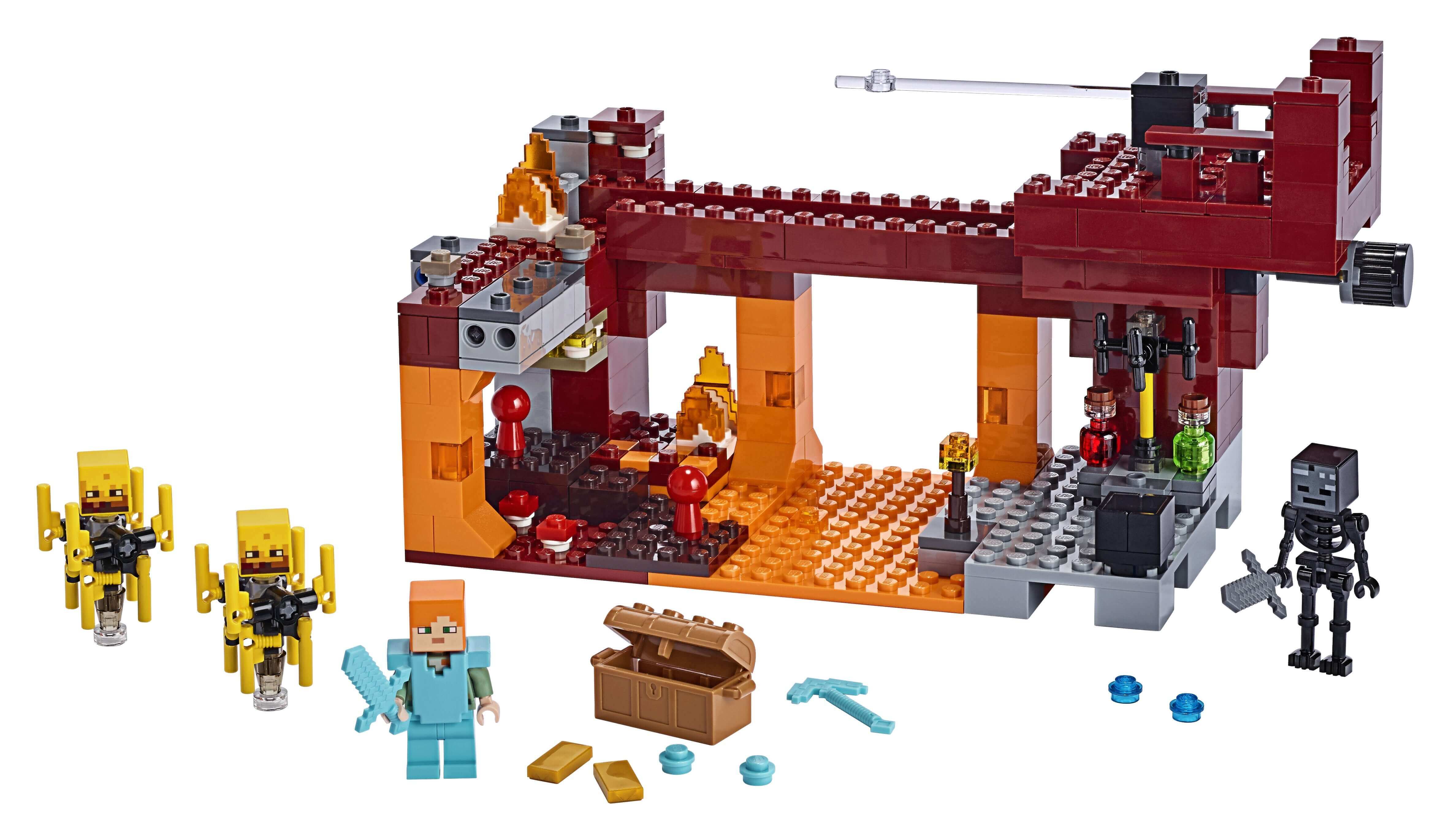LEGO Minecraft The Blaze Bridge Set 21154 with fiery Nether environment, mobs, unique items, and adventure elements.