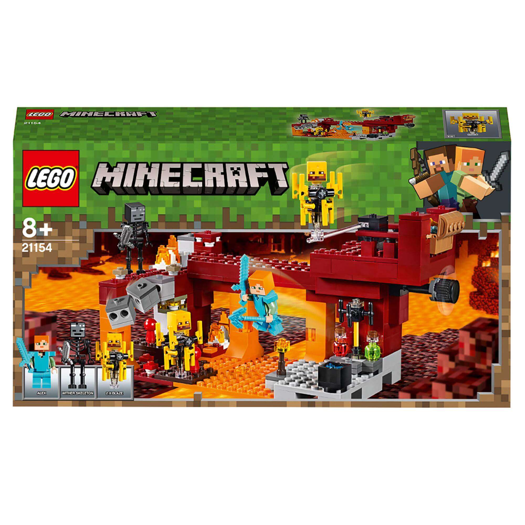 LEGO Minecraft The Blaze Bridge Building Set 21154 features a fiery Nether scene with mobs and unique items.