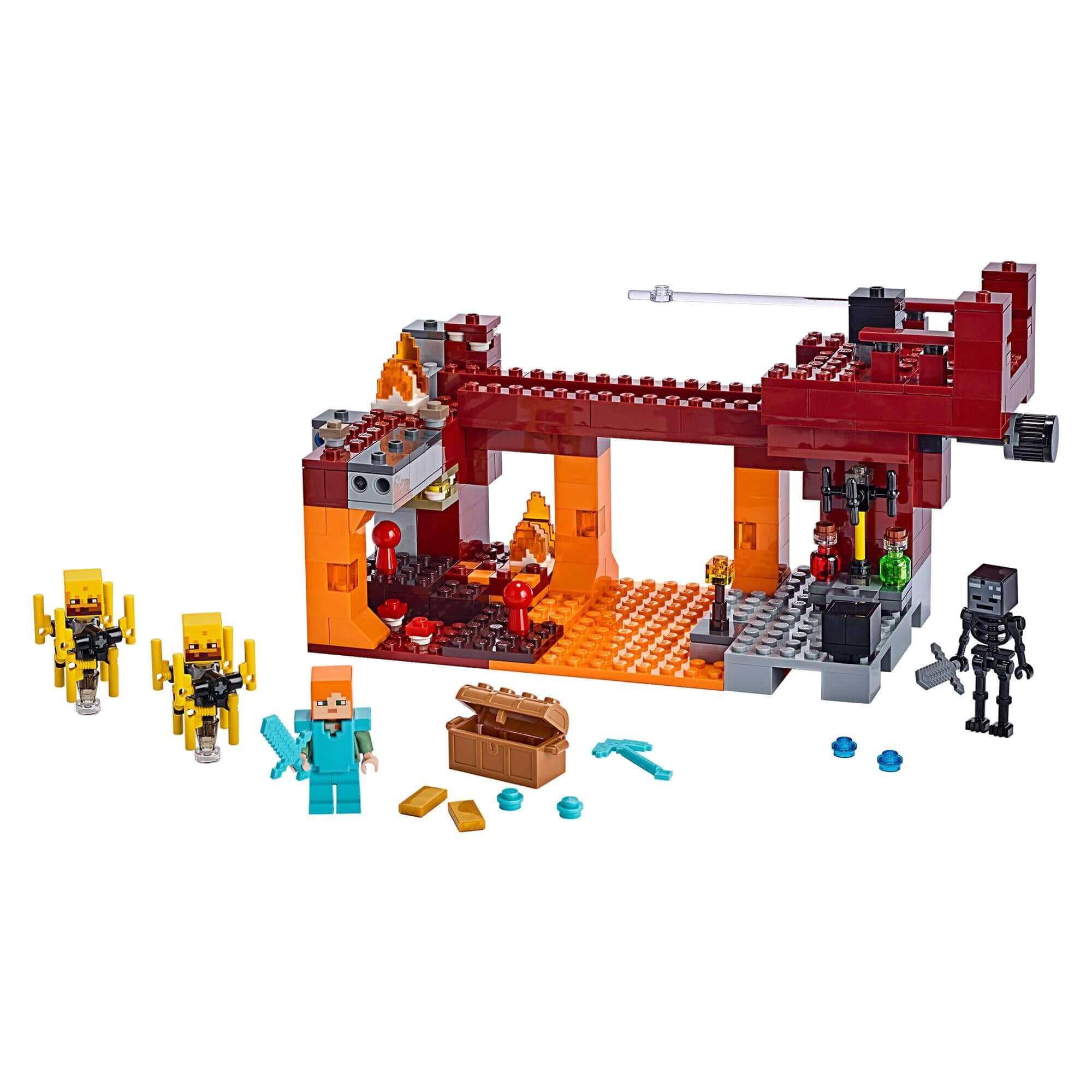 LEGO® Minecraft The Blaze Bridge set 21154 featuring vibrant Nether setting, mobs, and unique items.