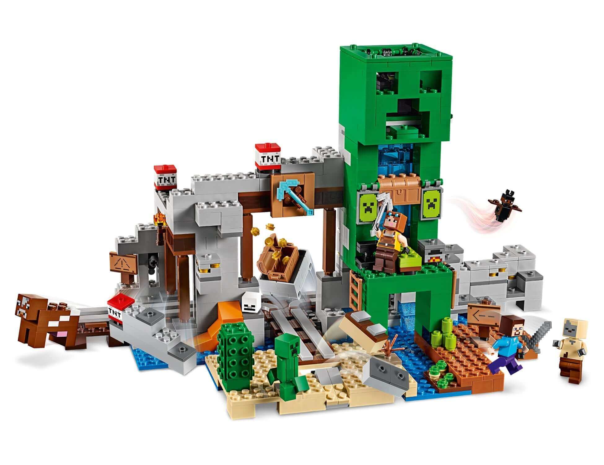 LEGO Minecraft The Creeper Mine set 21155 with Creeper, minecart, shelter, and interactive features.