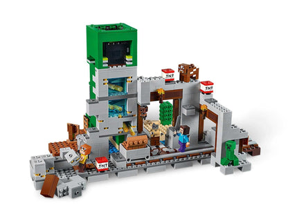 LEGO Minecraft The Creeper Mine set 21155 featuring Creeper statue, minecart, and explosive functions.