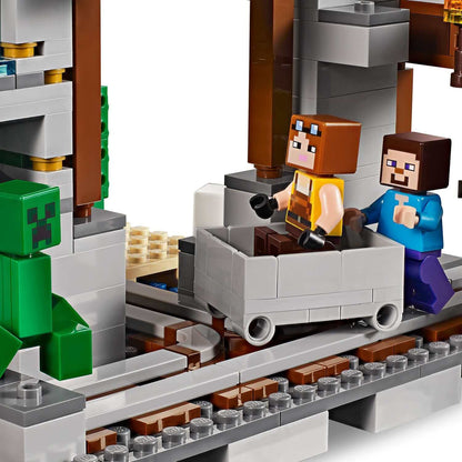 LEGO® Minecraft The Creeper Mine set with characters in minecart, Creeper statue, and vibrant building elements.