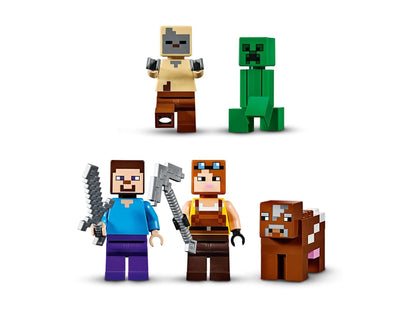 LEGO Minecraft characters including Creeper, zombie, Steve, Alex, and a cow in a fun building set.