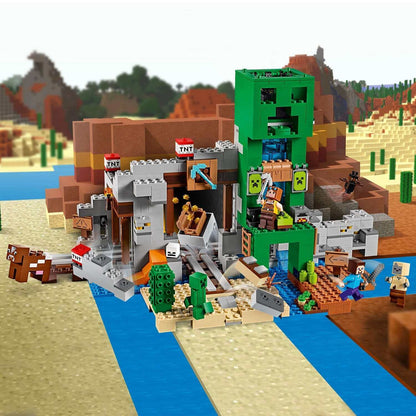 LEGO Minecraft The Creeper Mine set 21155, featuring a Creeper statue, rail track, minecart, and various explosive functions.